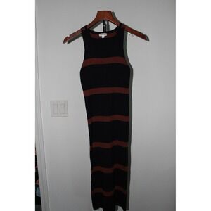 Endless Blu Women's Navy Rust Brown Striped Ribbed Knit Maxi Dress Small